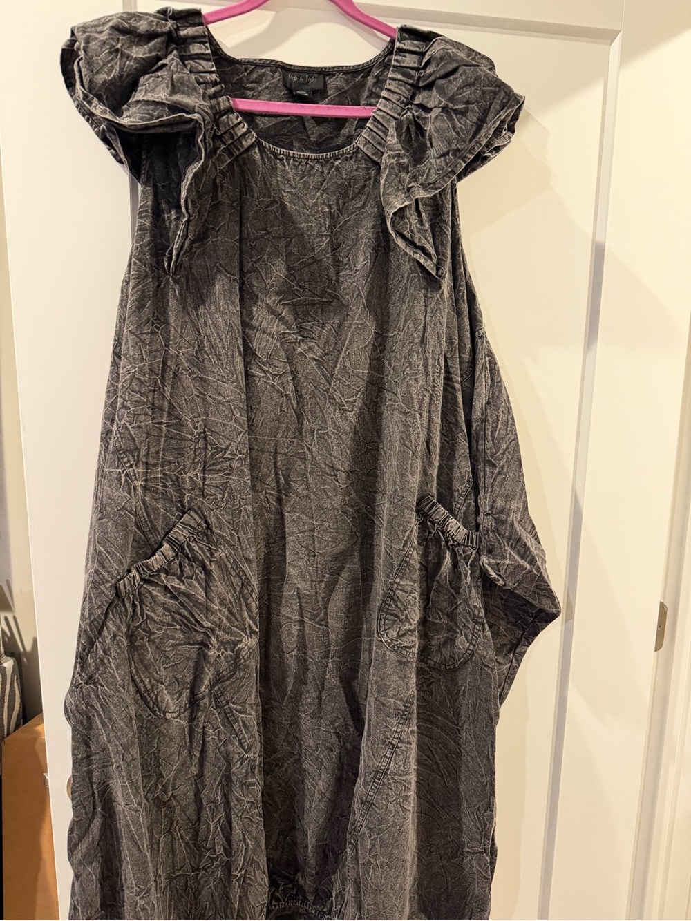 Black acid wash Denim Ruffle Puff Sleeve Women's Dress. One size